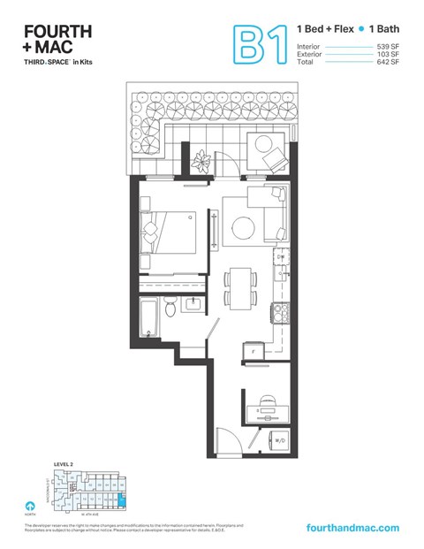 Floor plan for 1 bed, 1 bath, 539 sqft